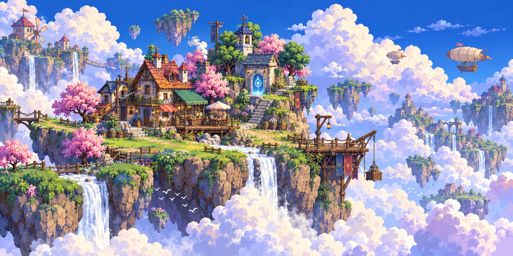 A village of stone and timber on floating islands above the clouds