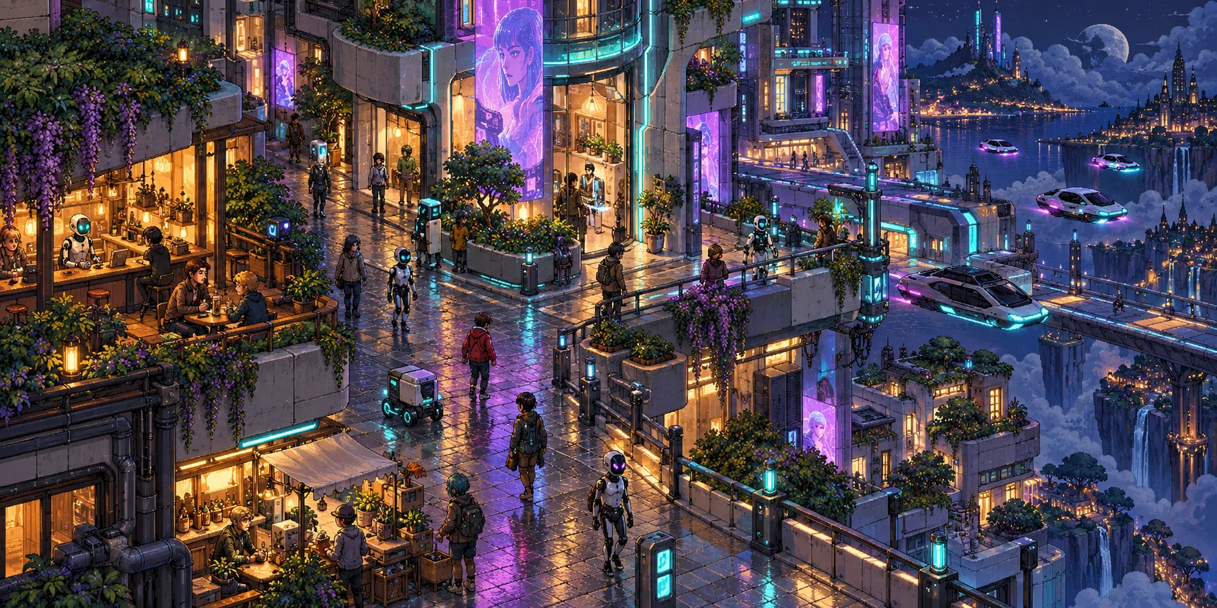 A future city at night with robots, hover cars and neon