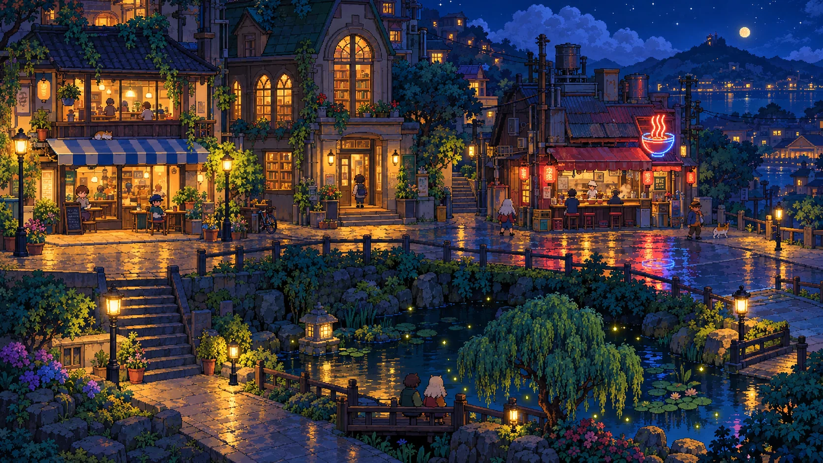 The town at night: lit windows, a noodle bar and fireflies over a pond